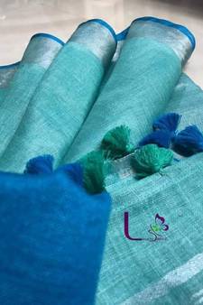 Turquoise Hand Woven Linen Saree With Blouse