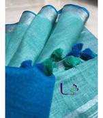 Turquoise Hand Woven Linen Saree With Blouse