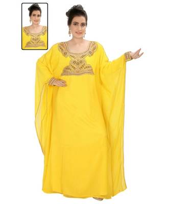 Yellow Georgette Embroidered Zari Work Islamic-Kaftans 1