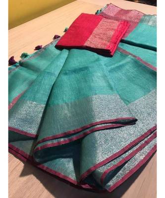 Turquoise Hand Woven Linen Saree With Blouse 1