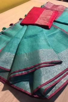 Turquoise Hand Woven Linen Saree With Blouse