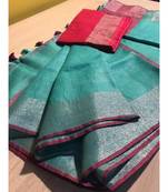 Turquoise Hand Woven Linen Saree With Blouse