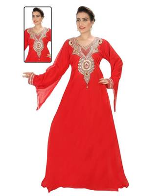 Red Georgette Embroidered Zari Work Islamic-Kaftans 1
