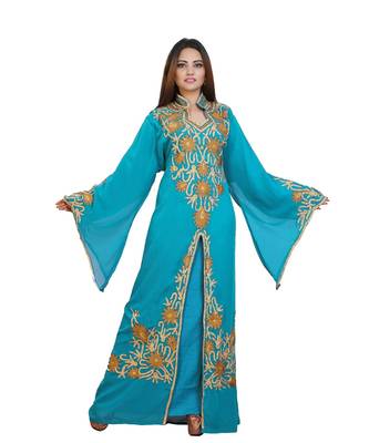 Turquoise Georgette Embroidered Zari Work Islamic-Kaftans 1