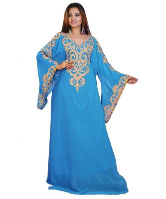 Turquoise Georgette Embroidered Zari Work Islamic-Kaftans 1