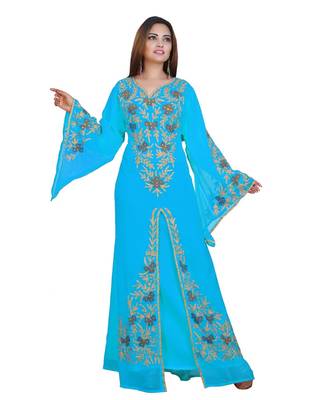 Turquoise Georgette Embroidered Zari Work Islamic-Kaftans 1