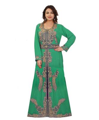 Green Georgette Embroidered Zari Work Islamic-Kaftans 1
