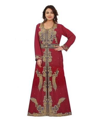 Red Georgette Embroidered Zari Work Islamic-Kaftans 1