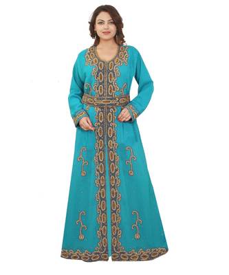 Turquoise Georgette Embroidered Zari Work Islamic-Kaftans 1