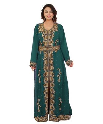 Green Georgette Embroidered Zari Work Islamic-Kaftans 1