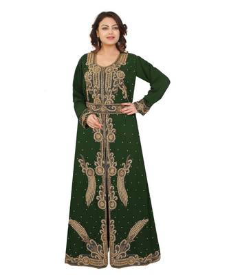 Green Georgette Embroidered Zari Work Islamic-Kaftans 1