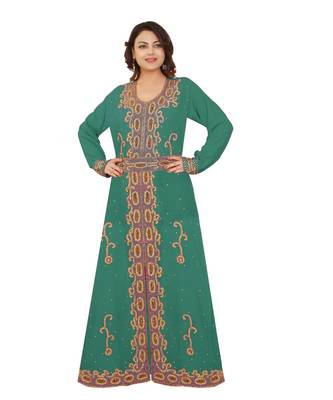 Green Georgette Embroidered Zari Work Islamic-Kaftans 1