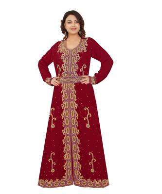 Red Georgette Embroidered Zari Work Islamic-Kaftans 1