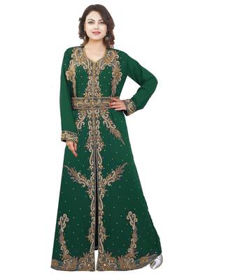 Green Georgette Embroidered Zari Work Islamic-Kaftans 1