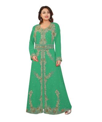 Green Georgette Embroidered Zari Work Islamic-Kaftans 1