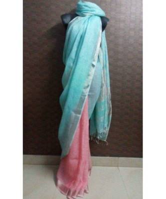 Turquoise Hand Woven Linen Saree With Blouse 1