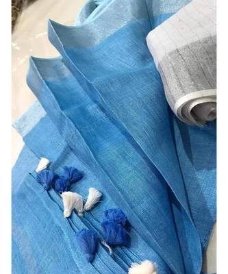 Blue Hand Woven Linen Saree With Blouse 1