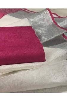 White Hand Woven Linen Saree With Blouse