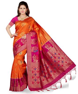 Orange embroidered art silk saree with blouse 1