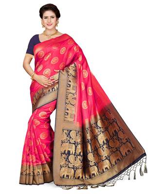 Pink embroidered art silk saree with blouse 1