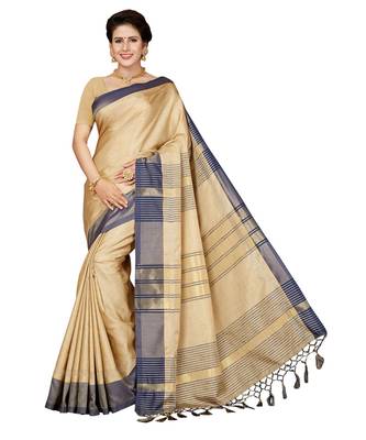 Beige embroidered faux linen saree with blouse 1