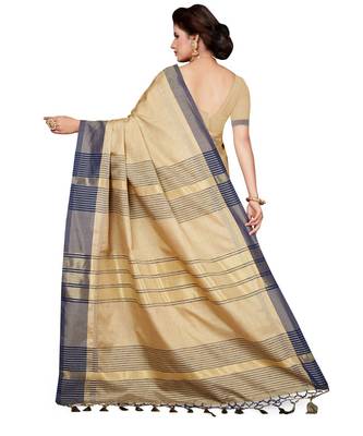 Beige embroidered faux linen saree with blouse 2