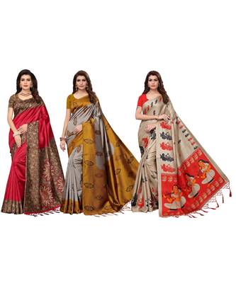 Combo Of 3 Poly Silk Multicolor Printed Women's Saree With blouse 1