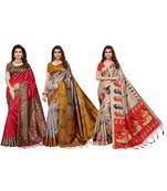 Combo Of 3 Poly Silk Multicolor Printed Women's Saree With blouse