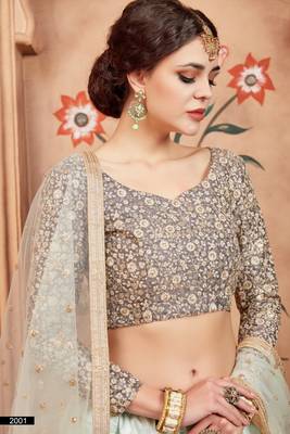 Delightful sky blue thread and sequins embroidered net fabric lehenga choli for wedding 2