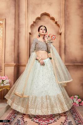 Delightful sky blue thread and sequins embroidered net fabric lehenga choli for wedding 3