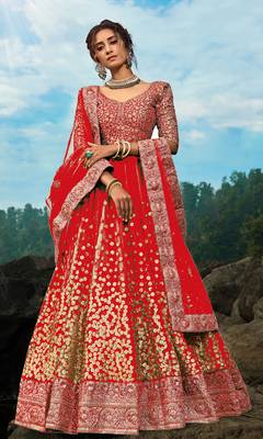 Provocative Red Dori & Sequins Embroidered Semi Stitched Net Lehenga 1
