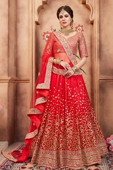 Provocative Red Dori & Sequins Embroidered Semi Stitched net Lehenga