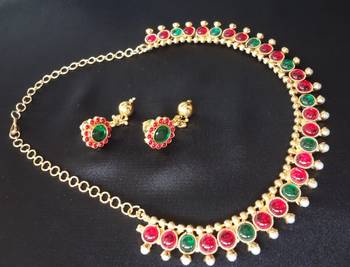 Royal Pink & Green Kemp Stone with Pearl Necklace + Earrings 1