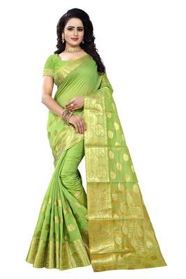 Green woven cotton silk saree with blouse 1