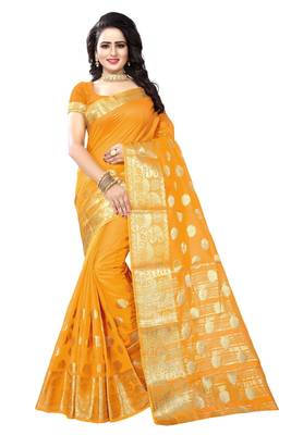 Yellow woven cotton silk saree with blouse 1