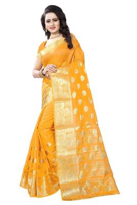 Yellow woven cotton silk saree with blouse 2