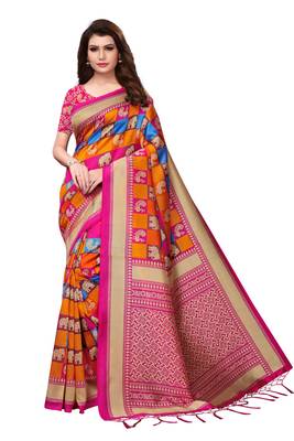 Pink printed art silk saree with blouse 1