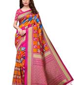 Pink printed art silk saree with blouse