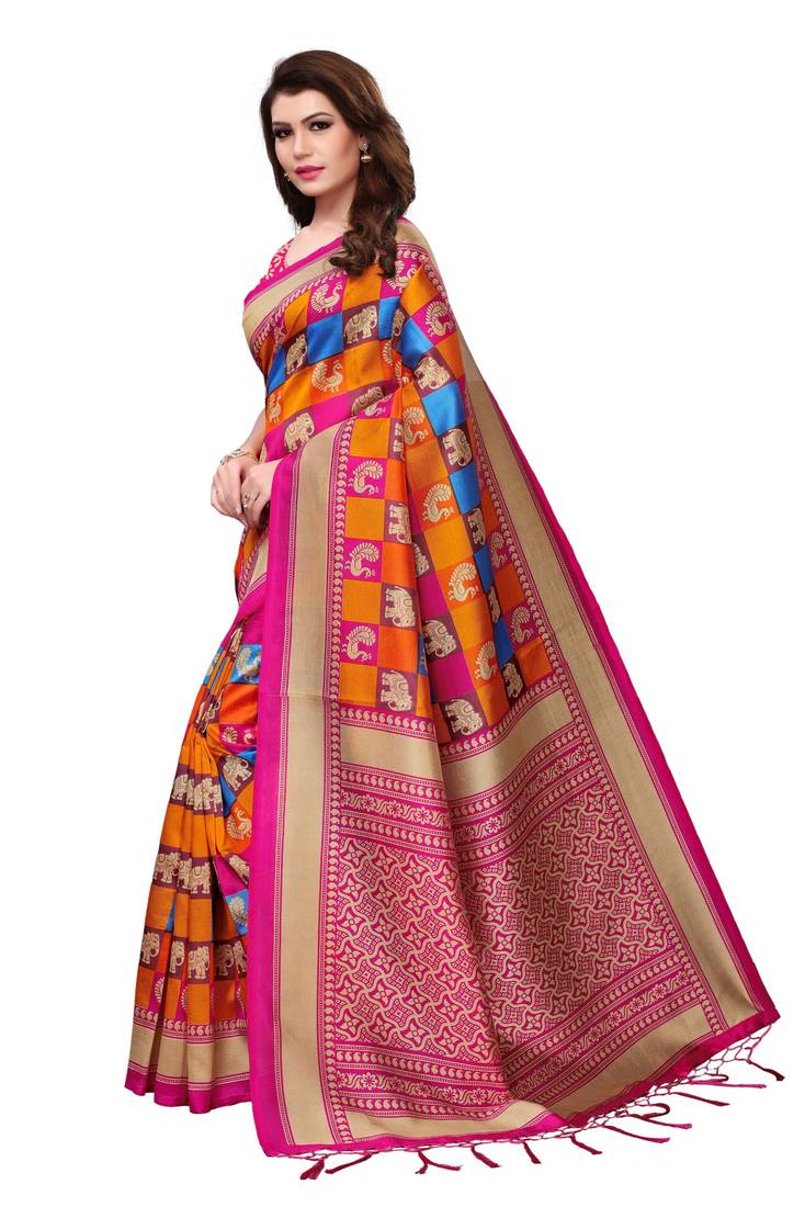 Pink printed art silk saree with blouse