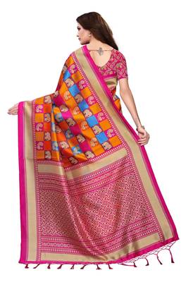 Pink printed art silk saree with blouse 3