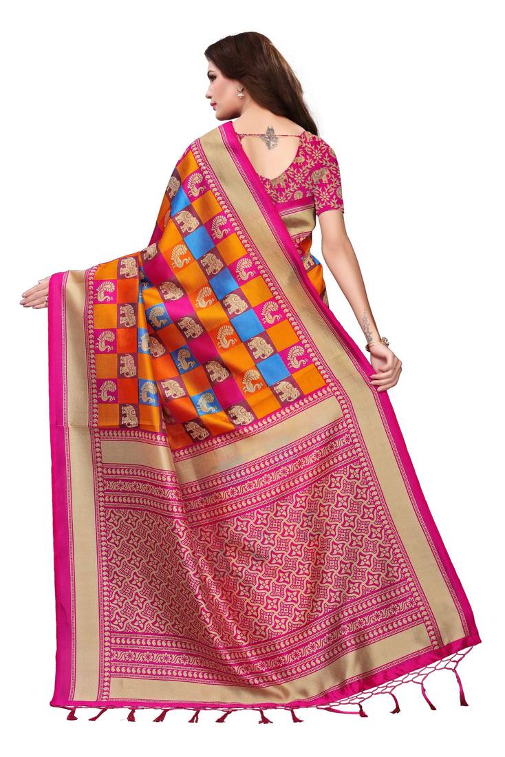 Pink printed art silk saree with blouse