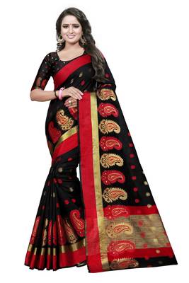 Black woven cotton silk saree with blouse 1
