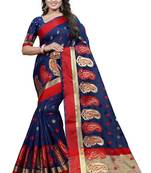 Blue woven cotton silk saree with blouse
