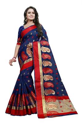 Blue woven cotton silk saree with blouse 2
