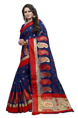 Blue woven cotton silk saree with blouse 3