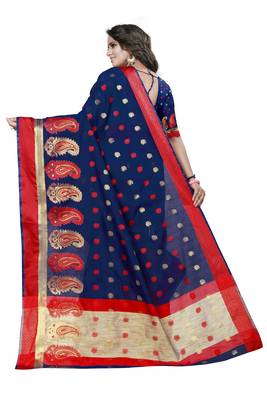 Blue woven cotton silk saree with blouse 4