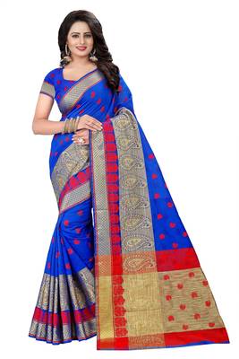 Blue Woven Cotton Silk Saree With Blouse 1