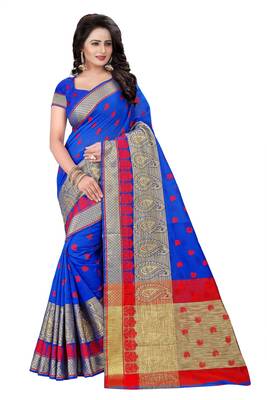 Blue Woven Cotton Silk Saree With Blouse 2