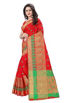 Red woven cotton silk saree with blouse 2