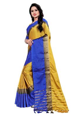Yellow printed art silk saree with blouse 2